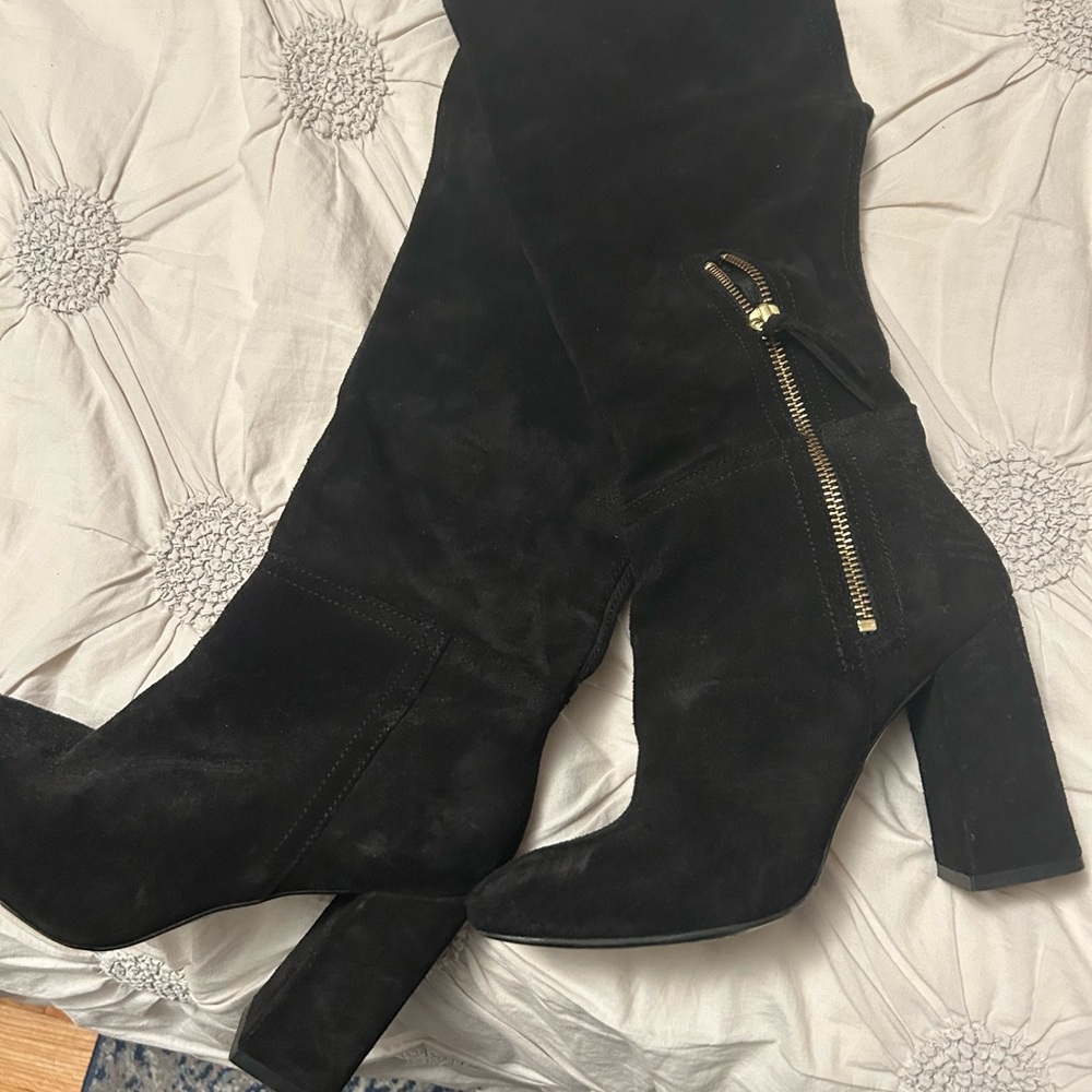 Free People Black real suede 
Heeled Boots with Gold Zipper